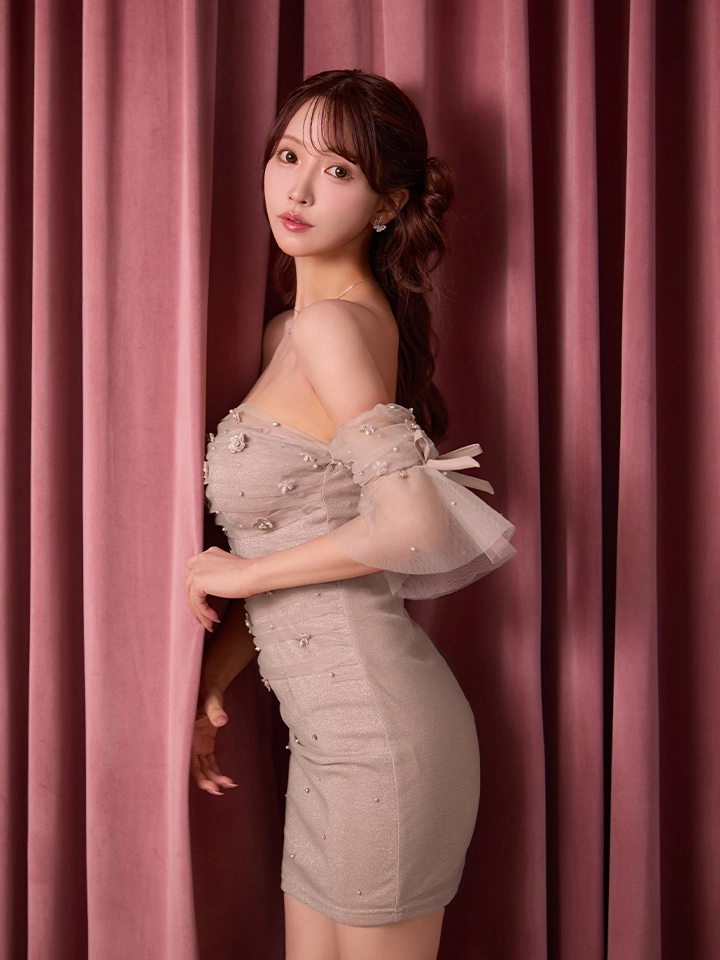 【ANGEL R/エンジェルアール】ベアトップ/ フレアスリーブ/ フラワー/ メッシュ/ リボン/ タイト/ ミニドレス/ キャバドレス2