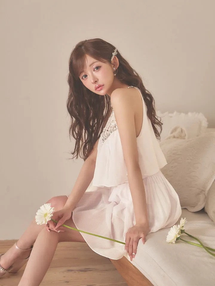 【ANGEL R/エンジェルアール】ホルターネック/ ビジュー/ レイヤード/ シフォン/ フレア/ マイクロミニドレス/ キャバドレス1