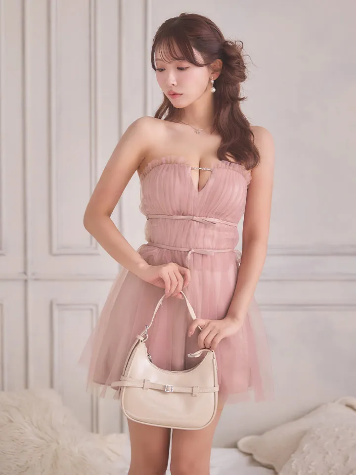 【ANGEL R/エンジェルアール】ベアトップ/ フリル/ ビジューチェーン/ ウエストリボン/ フレア/ マイクロミニドレス/ キャバドレス4