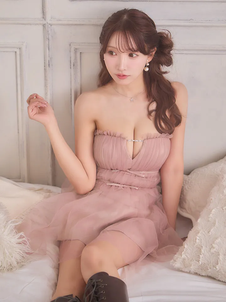 【ANGEL R/エンジェルアール】ベアトップ/ フリル/ ビジューチェーン/ ウエストリボン/ フレア/ マイクロミニドレス/ キャバドレス5