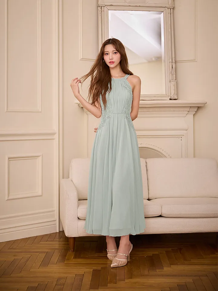 ホルターネック/ フラワーレース/ リボン/ プリーツ/ ビジュー/ フレア/ ワンピース/ ロングドレス/ キャバドレス long2