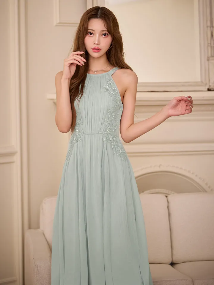 ホルターネック/ フラワーレース/ リボン/ プリーツ/ ビジュー/ フレア/ ワンピース/ ロングドレス/ キャバドレス long4