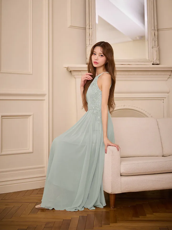 ホルターネック/ フラワーレース/ リボン/ プリーツ/ ビジュー/ フレア/ ワンピース/ ロングドレス/ キャバドレス long5