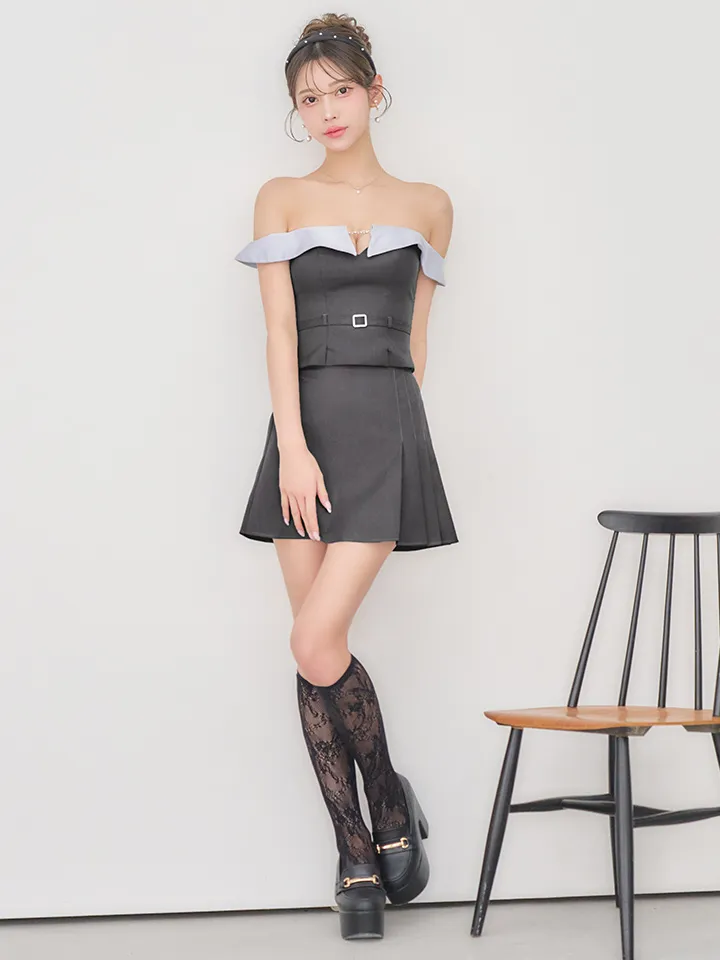 【ANGEL R/エンジェルアール】オフショル/ バストチェーン/ ベルトデザイン/ プリーツ/ バイカラー/ セパレート/ 2way/ フレア/ マイクロミニドレス/ キャバドレス2