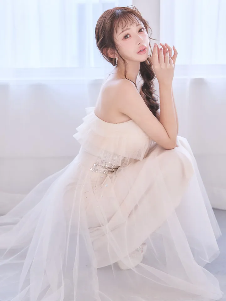 【ANGEL R/エンジェルアール】ベアトップ/ アッパーフリルデザイン/ ウエストビジュー/ 2way/ フレア/ ワンピース/ ミディアムドレス/ キャバドレス1