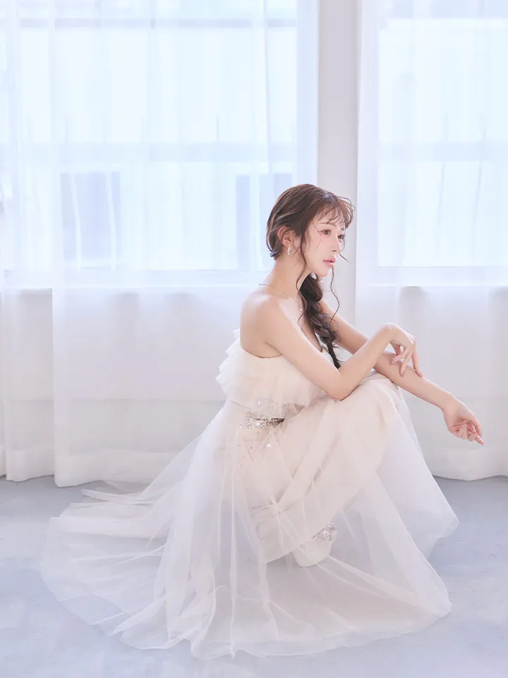 【ANGEL R/エンジェルアール】ベアトップ/ アッパーフリルデザイン/ ウエストビジュー/ 2way/ フレア/ ワンピース/ ミディアムドレス/ キャバドレス3