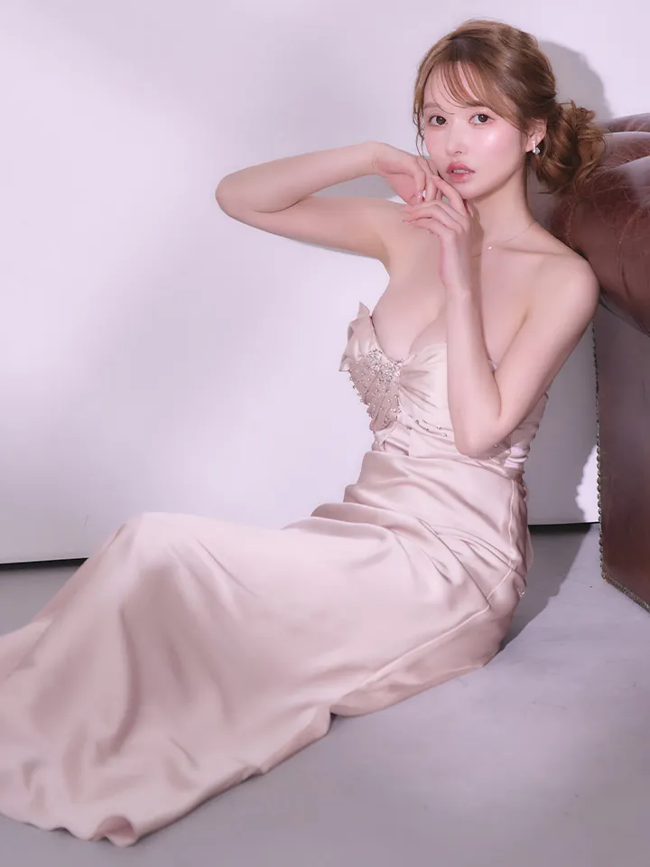 【ANGEL R/エンジェルアール】フロントドレープデザイン/ ベアトップ/ ビジュー/ パール/ 2way/ フレア/ ワンピース/ ロングドレス/ キャバドレス long3