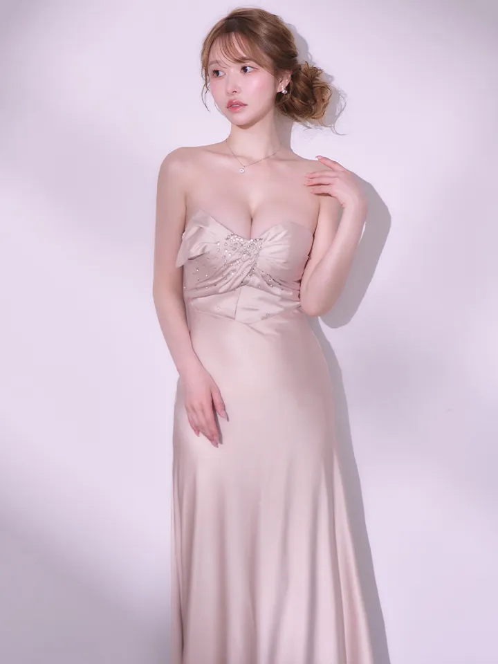 【ANGEL R/エンジェルアール】フロントドレープデザイン/ ベアトップ/ ビジュー/ パール/ 2way/ フレア/ ワンピース/ ロングドレス/ キャバドレス long4