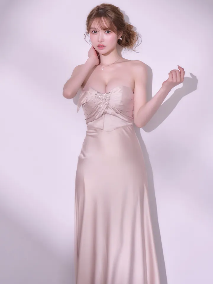 【ANGEL R/エンジェルアール】フロントドレープデザイン/ ベアトップ/ ビジュー/ パール/ 2way/ フレア/ ワンピース/ ロングドレス/ キャバドレス long5