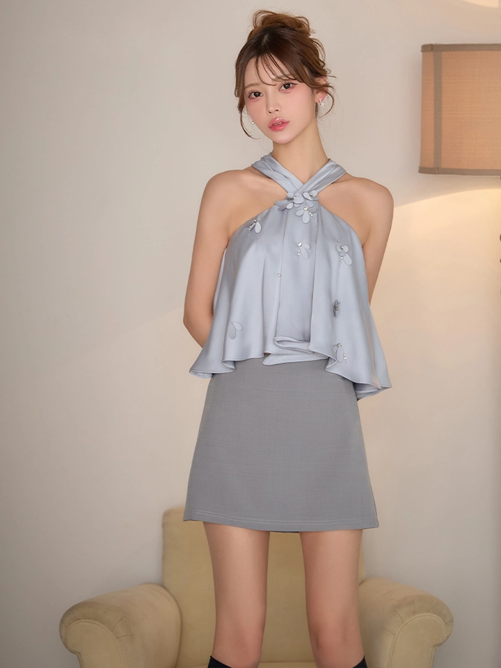 【ANGEL R/エンジェルアール】クロスネック/ フロントフリル/ フラワー/ バイカラー/ セパレート/ シフォン/ フレア/ マイクロミニドレス/ キャバドレス2