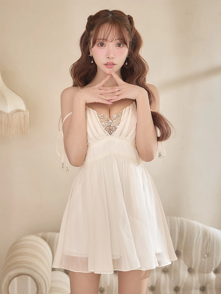 【ANGEL R/エンジェルアール】Vカット/ バストビジュー/ シフォン/ ショルダー/ リボン/ フレア/ マイクロミニドレス/ キャバドレス3