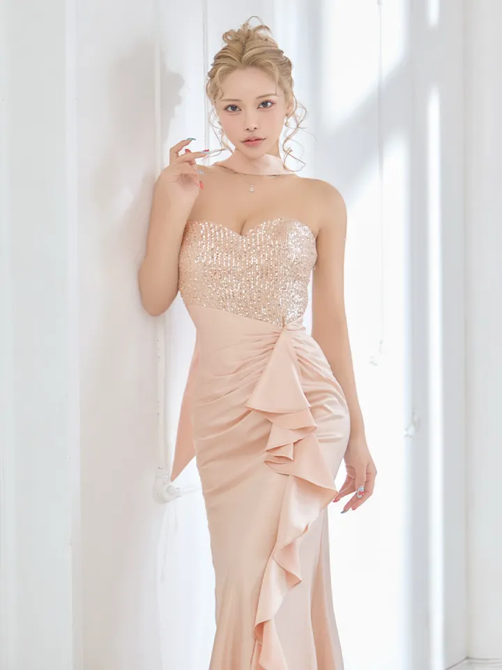 【ANGEL R/エンジェルアール】ベアトップ/ チョーカー/ フロントスパンコール/ フリル/ マーメイドライン/ 2way/ ストレッチ/ タイト/ ワンピース/ ロングドレス/ キャバドレス long2