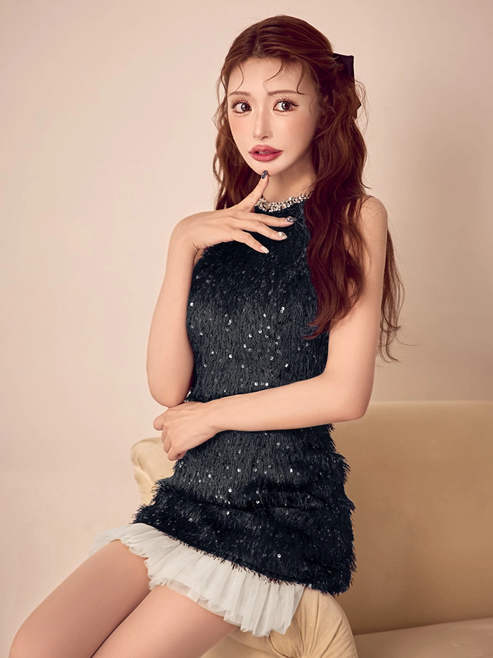 【DEA./ディア】スパンコール/ フリンジ/ ハイネック/ フレア/ ミニドレス/ キャバドレス1