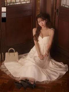 【DEA./ディア】ストーン/ シフォン/ ハートカット/ キャミソール/ ミディアムドレス/ キャバドレス