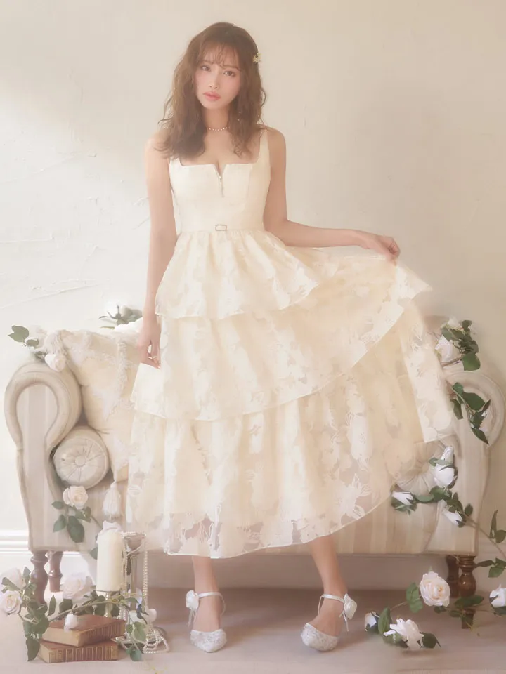 【DEA./ディア】オーガンジー/ フラワー/ ティアード/ ワンピース/ ミディアムドレス/ キャバドレス long4