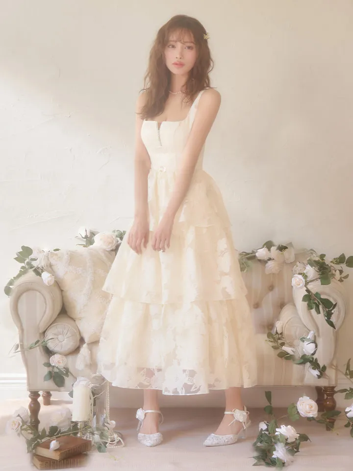 【DEA./ディア】オーガンジー/ フラワー/ ティアード/ ワンピース/ ミディアムドレス/ キャバドレス long6