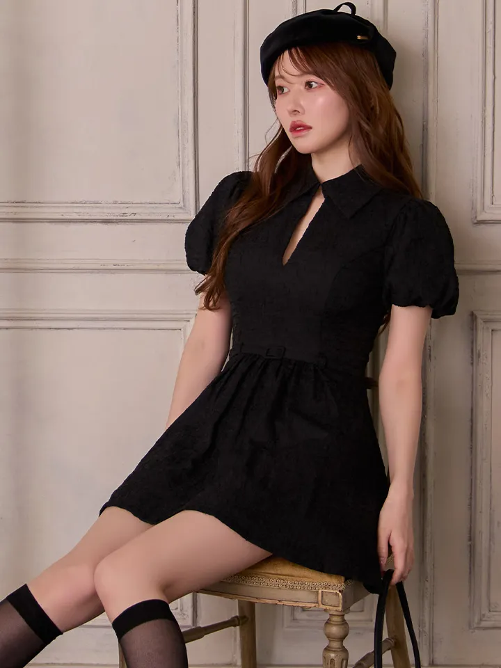 【【DEA./ディア】ワッフル素材/ クラシカル/ 襟付き/ フレア/ ミニドレス/ キャバドレス3