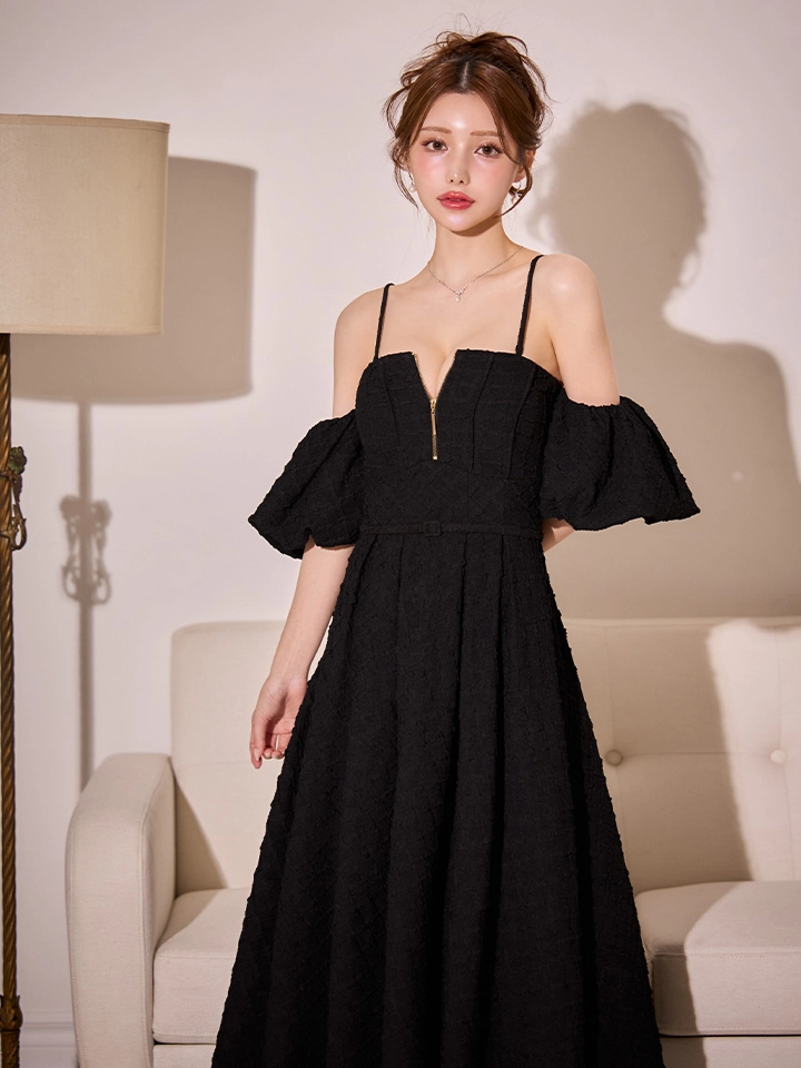 【DEA./ディア】ラメ/ ジャガード/ オフショル/ バルーンスリーブ/ フレア/ ミディアムドレス/ キャバドレス2