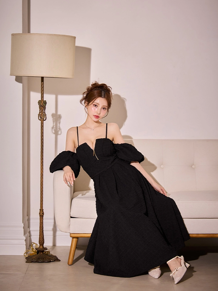 【DEA./ディア】ラメ/ ジャガード/ オフショル/ バルーンスリーブ/ フレア/ ミディアムドレス/ キャバドレス3