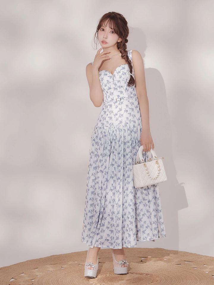 【DEA./ディア】フラワー/ マットサテン/ ギャザー/ フレア/ ワンピース/ ミディアムドレス/ キャバドレス1