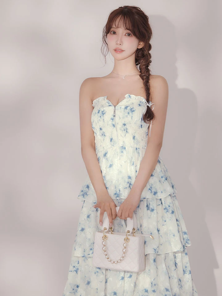 【DEA./ディア】フラワー/ ジャガード/ シフォン/ ティアード/ フレア/ ワンピース/ ミディアムドレス/ キャバドレス long3