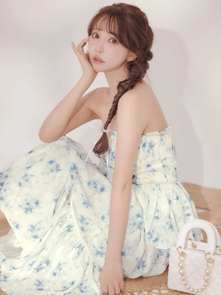 【DEA./ディア】フラワー/ ジャガード/ シフォン/ ティアード/ フレア/ ワンピース/ ミディアムドレス/ キャバドレス long4