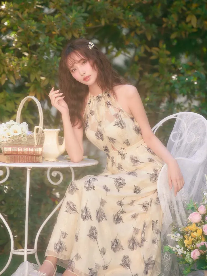 【DEA./ディア】フラワージャガード/ シフォン/ ホルターネック/ フレア/ ワンピース/ ミモレ丈/ ミディアムドレス/ キャバドレス 2