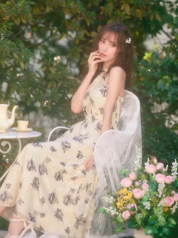 【DEA./ディア】フラワージャガード/ シフォン/ ホルターネック/ フレア/ ワンピース/ ミモレ丈/ ミディアムドレス/ キャバドレス 5