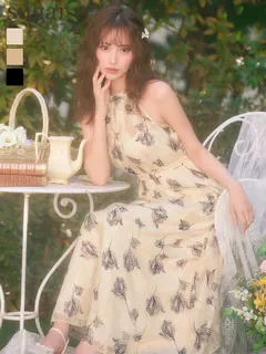 【DEA./ディア】フラワージャガード/ シフォン/ ホルターネック/ フレア/ ワンピース/ ミモレ丈/ ミディアムドレス/ キャバドレス