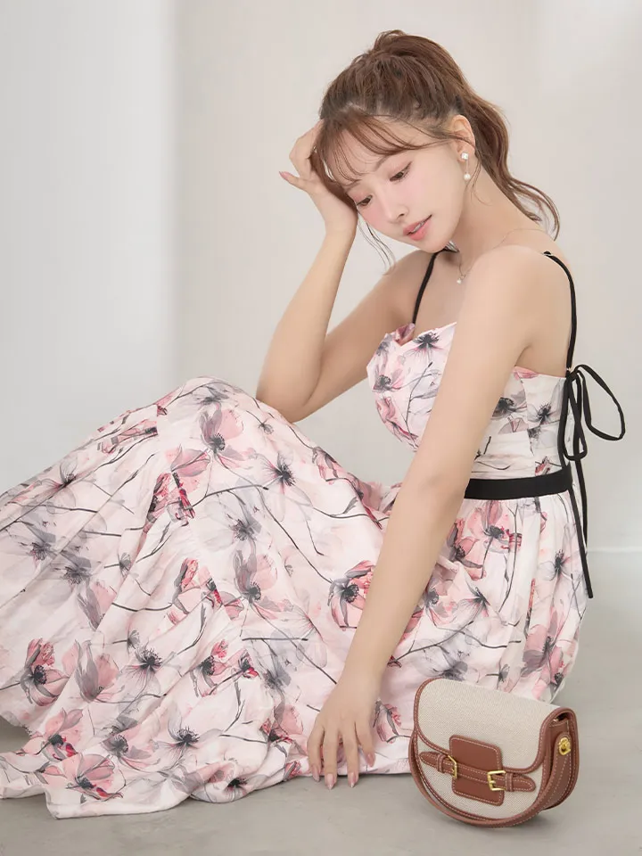 【DEA./ディア】ウォーターカラー/ フラワー/ ドレープ/ フレア/ ワンピース/ ミディアムドレス/ キャバドレス1