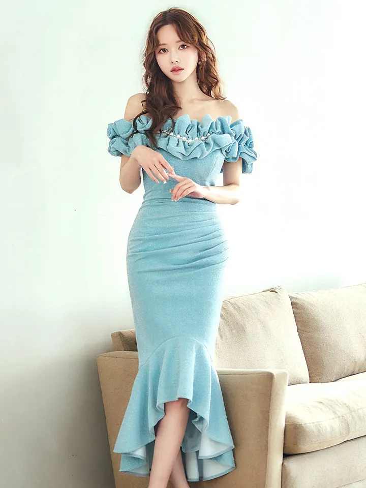 【ISA FERRIS/ イサフェリス】【OF05】フリルオフショルダー/ パール/ ラメニット/ ストレッチ/ サイドタック/ ひざ丈/ マーメイド/ ミディアムドレス/ キャバドレス22