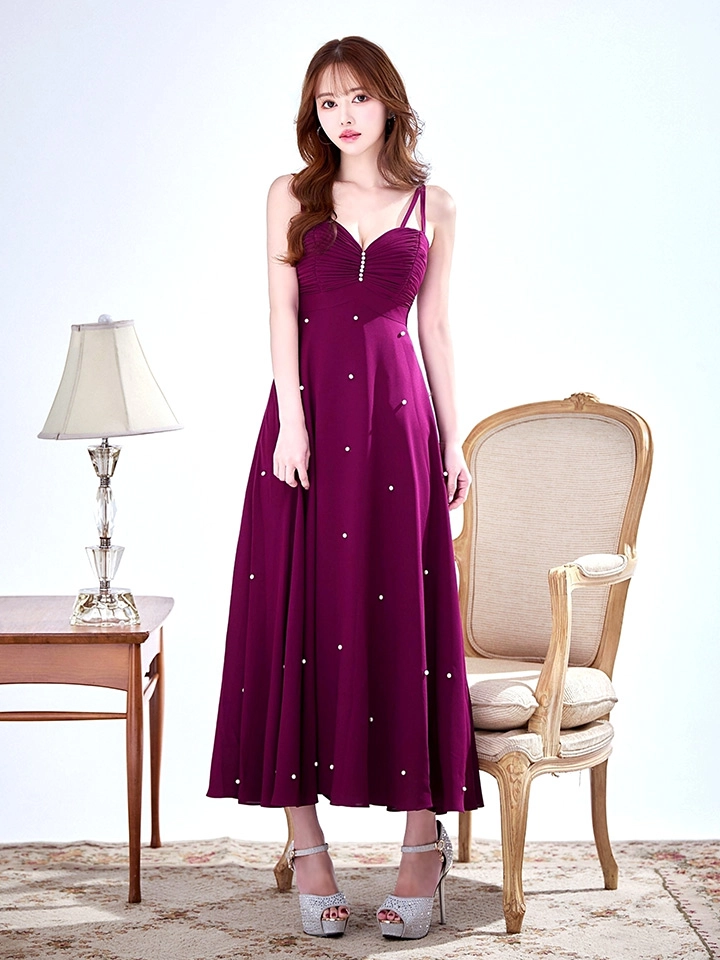 【ISA FERRIS/ イサフェリス】【OF05】シンプル/ キャミソール/ パール/ フレア/ Aライン/ ミモレ丈/ ワンピース/ ミディアムドレス/ キャバドレス5