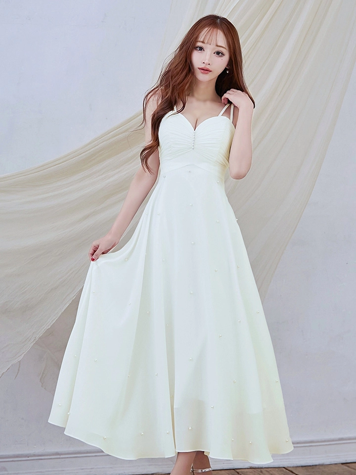 【ISA FERRIS/ イサフェリス】【OF05】シンプル/ キャミソール/ パール/ フレア/ Aライン/ ミモレ丈/ ワンピース/ ミディアムドレス/ キャバドレス11