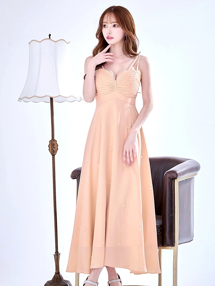 【ISA FERRIS/ イサフェリス】【OF05】シンプル/ キャミソール/ パール/ フレア/ Aライン/ ミモレ丈/ ワンピース/ ミディアムドレス/ キャバドレス2