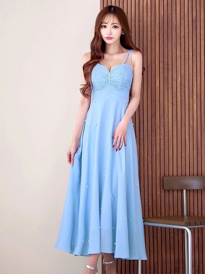 【ISA FERRIS/ イサフェリス】【OF05】シンプル/ キャミソール/ パール/ フレア/ Aライン/ ミモレ丈/ ワンピース/ ミディアムドレス/ キャバドレス7