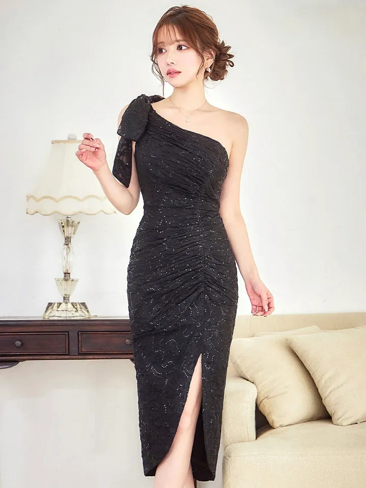 【ISA FERRIS/ イサフェリス】【OF05】ワンショルダー/ リボン/ タック/ スリット / ストレッチ/ 膝丈/ タイト/ ミディアムドレス/ キャバドレス6