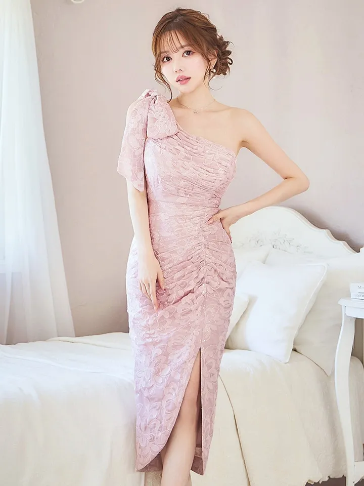 【ISA FERRIS/ イサフェリス】【OF05】ワンショルダー/ リボン/ タック/ スリット / ストレッチ/ 膝丈/ タイト/ ミディアムドレス/ キャバドレス7