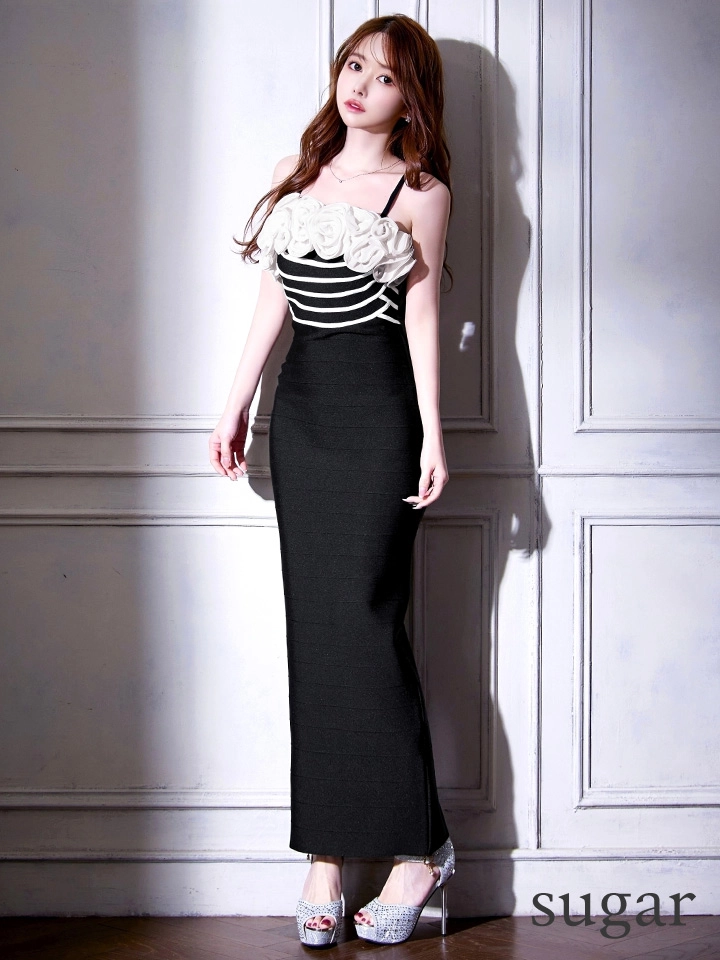 【ISA FERRIS/ イサフェリス】2WAY/ フリルショルダー/ ノースリーブ/ ボーダー/ ストレッチ/ 膝丈/ タイト/ ロングドレス/ キャバドレス1