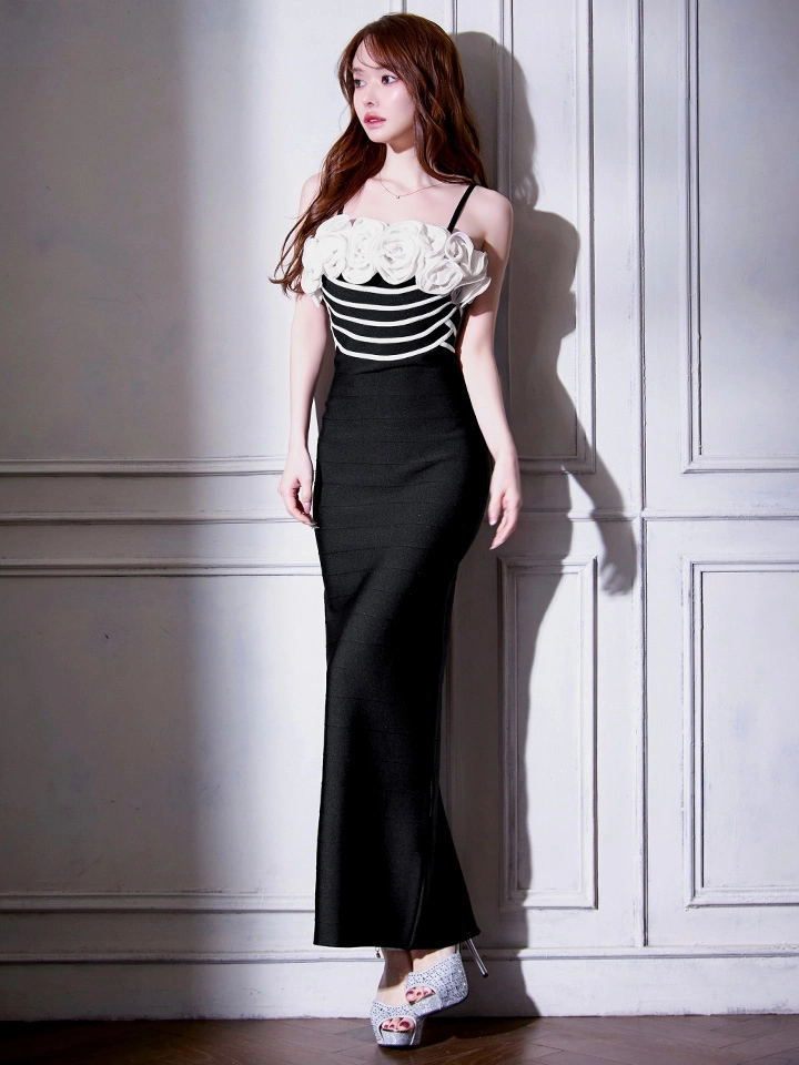 【ISA FERRIS/ イサフェリス】2WAY/ フリルショルダー/ ノースリーブ/ ボーダー/ ストレッチ/ 膝丈/ タイト/ ロングドレス/ キャバドレス2