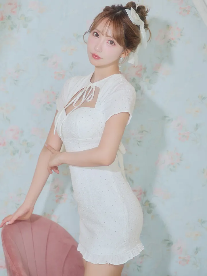 【ROBE de FLEURS/ローブドフルール】カットデザイン/ ビジュー/ ワッフル/ リボン/ タイト/ ミニドレス/ キャバドレス1