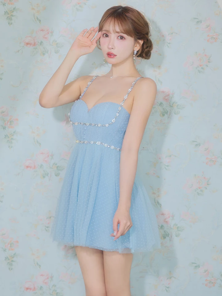 【ROBE de FLEURS/ローブドフルール】ドットチュール/ ビジュー/ フレア/ ミニドレス/ キャバドレス2