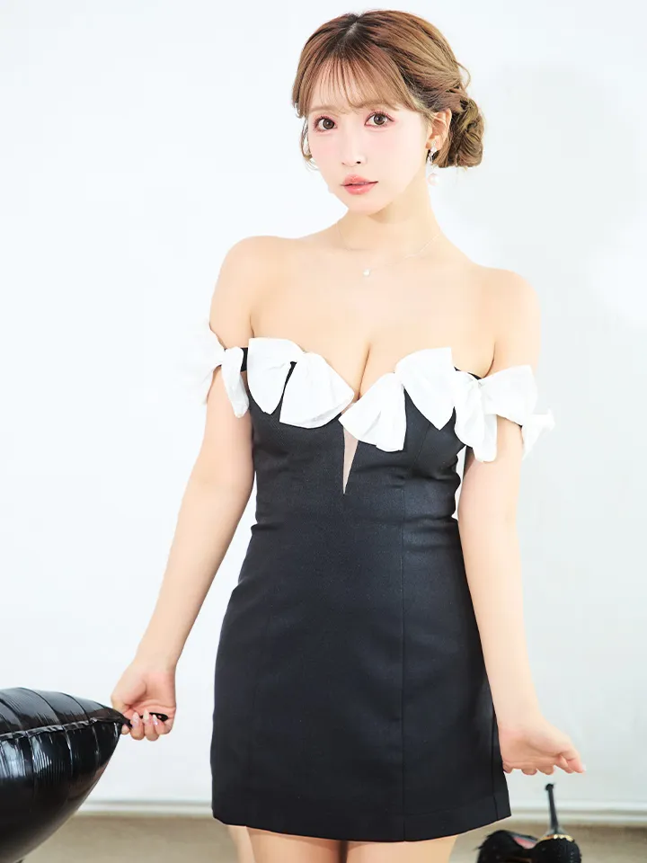 【ROBE de FLEURS/ローブドフルール】シフォンリボン/ ワンショル/ タイト/ ミニドレス/ キャバドレス3