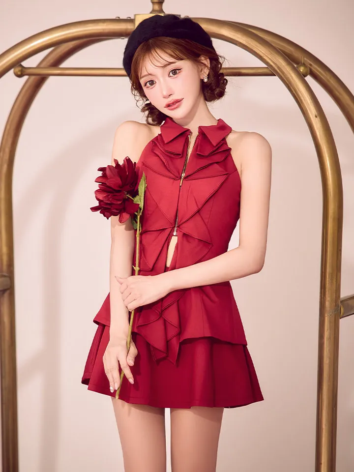 【ROBE de FLEURS/ローブドフルール】フロントラッフル/ ホルター/ フレア/ セットアップ/ ミニドレス/ キャバドレス1