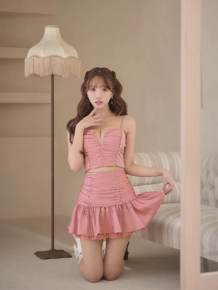 【ROBE de FLEURS/ローブドフルール】サテン/ ビジュー/ レース/ フレア/ キャミソール/ ツーピース/ セットアップ/ ミニドレス/ キャバドレス2