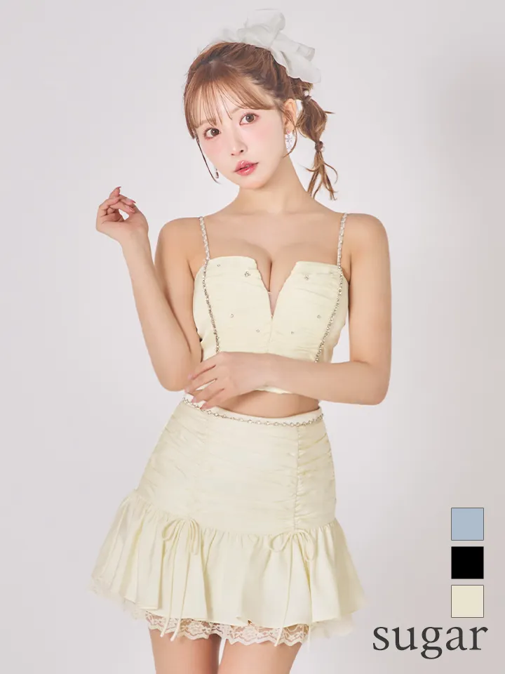 【ROBE de FLEURS/ローブドフルール】サテン/ ビジュー/ レース/ フレア/ キャミソール/ ツーピース/ セットアップ/ ミニドレス/ キャバドレス