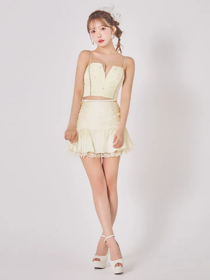 【ROBE de FLEURS/ローブドフルール】サテン/ ビジュー/ レース/ フレア/ キャミソール/ ツーピース/ セットアップ/ ミニドレス/ キャバドレス