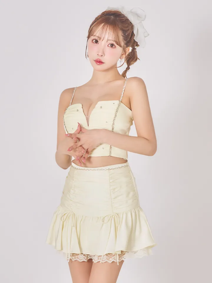 【ROBE de FLEURS/ローブドフルール】サテン/ ビジュー/ レース/ フレア/ キャミソール/ ツーピース/ セットアップ/ ミニドレス/ キャバドレス