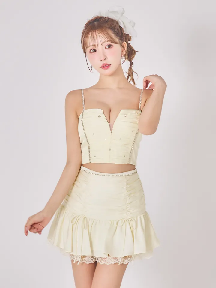 【ROBE de FLEURS/ローブドフルール】サテン/ ビジュー/ レース/ フレア/ キャミソール/ ツーピース/ セットアップ/ ミニドレス/ キャバドレス