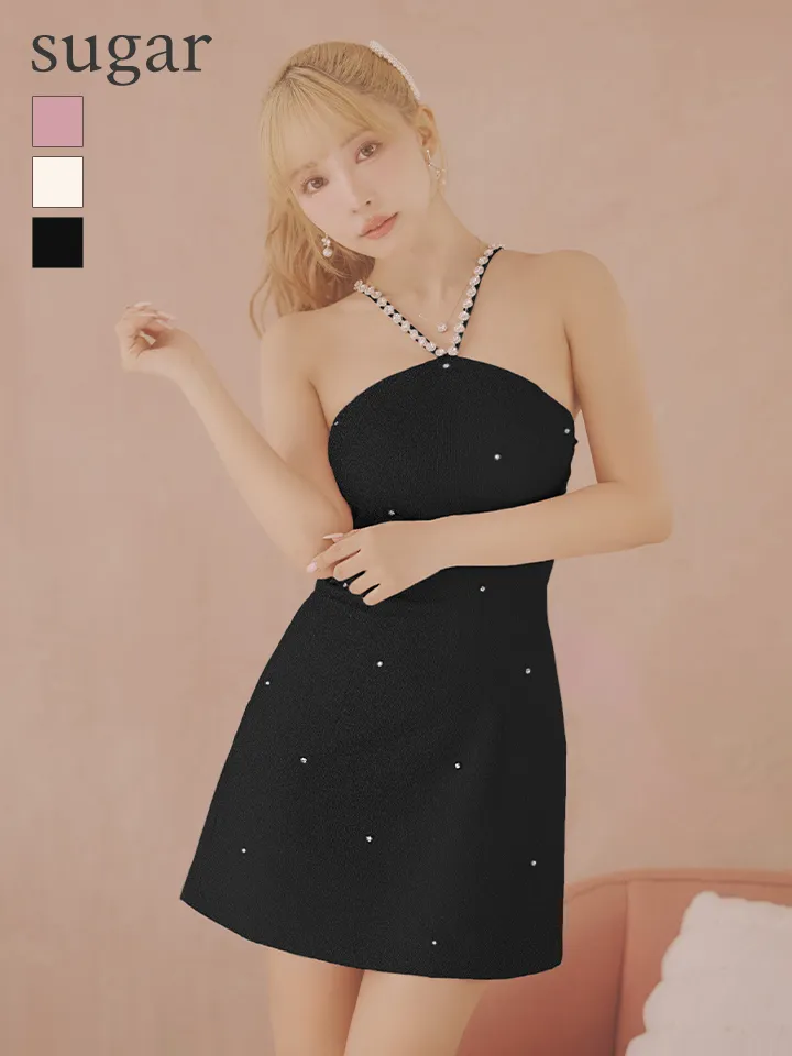【ROBE de FLEURS/ローブドフルール】ビジュー/ ホルター/ バックリボン/ タイト/ ミニドレス/ キャバドレス