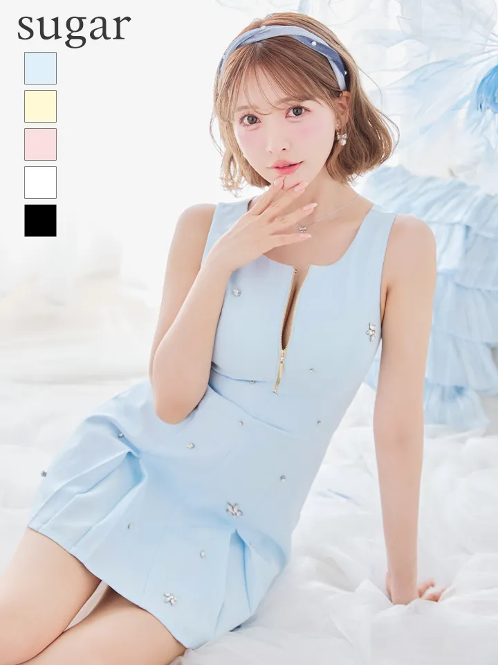 【ROBE de FLEURS/ローブドフルール】バストジップ/ ノースリーブ/ ビジュー/ ミニドレス/ キャバドレス